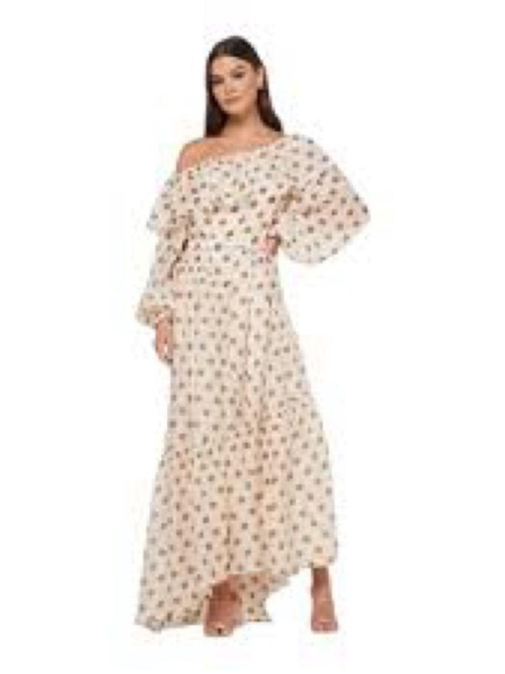Off-Shoulder Cream Polka Dot Maxi Dress With Ruffles and Belt by Mango Size M - Picture 2 of 9